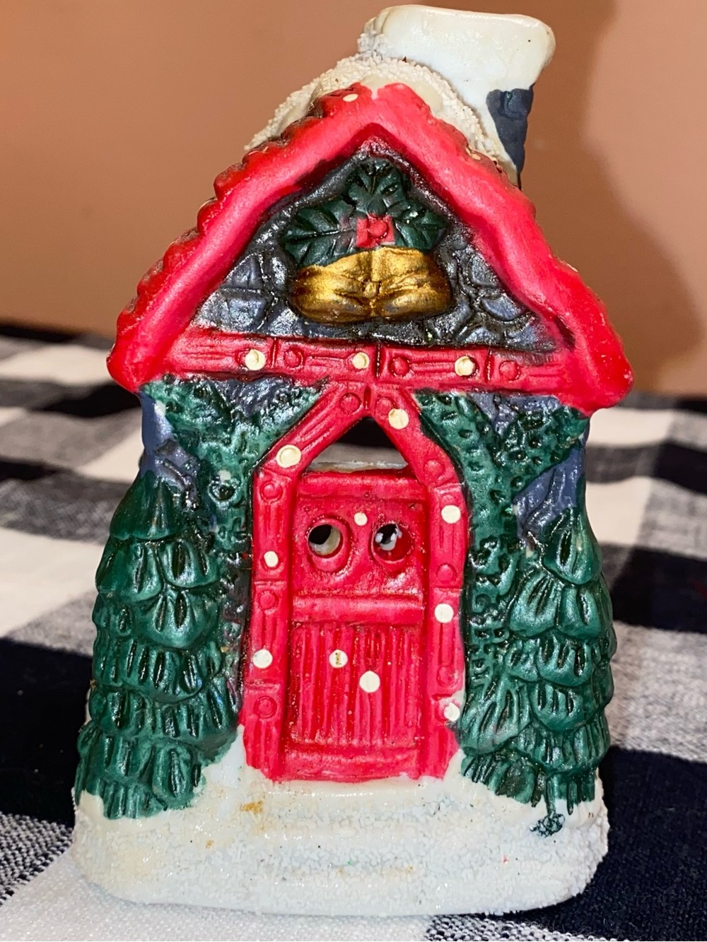VINTAGE CERAMIC CHRISTMAS House Tea Light or Votive Candle Holder RED/GRN/WHT 4”